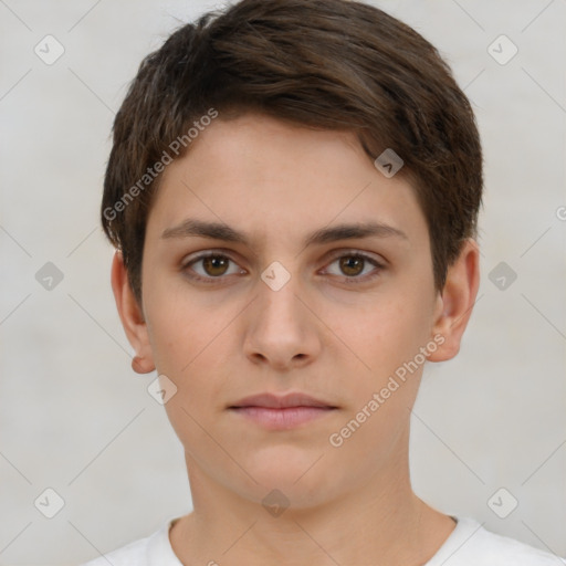 Neutral white young-adult female with short  brown hair and brown eyes