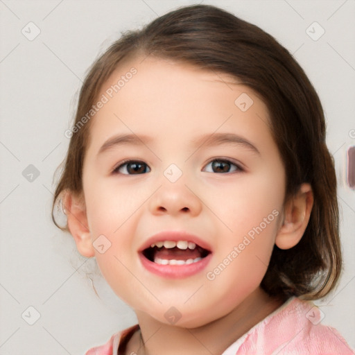 Joyful white child female with medium  brown hair and brown eyes