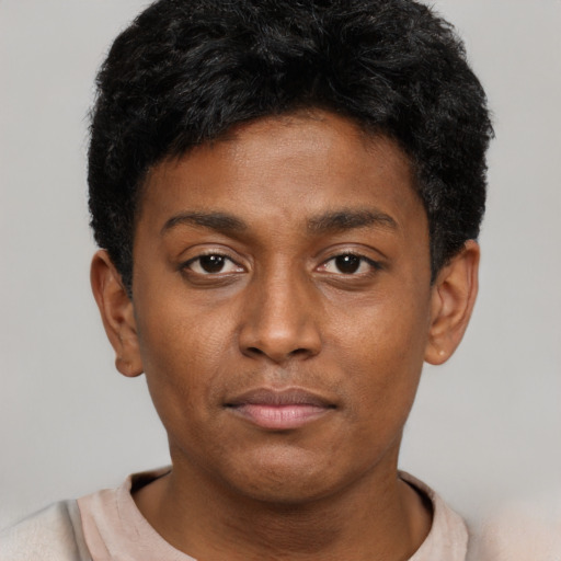 Neutral black young-adult male with short  black hair and brown eyes