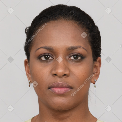 Neutral black young-adult female with short  brown hair and brown eyes