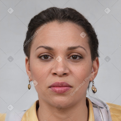 Joyful latino young-adult female with short  brown hair and brown eyes