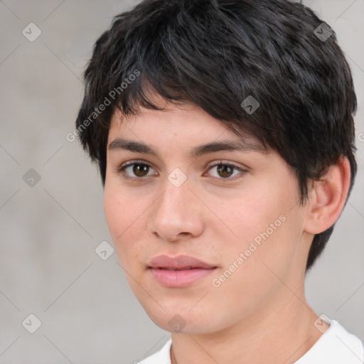 Neutral white young-adult female with short  brown hair and brown eyes