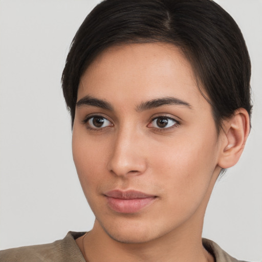 Neutral white young-adult female with short  brown hair and brown eyes