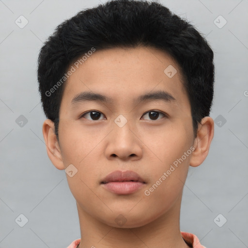 Neutral asian young-adult male with short  black hair and brown eyes