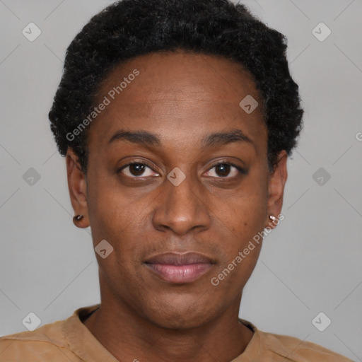 Neutral black young-adult female with short  black hair and brown eyes