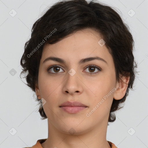 Neutral white young-adult female with medium  brown hair and brown eyes