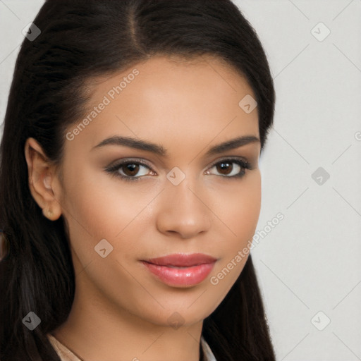 Joyful latino young-adult female with long  brown hair and brown eyes