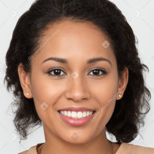 Joyful latino young-adult female with long  brown hair and brown eyes