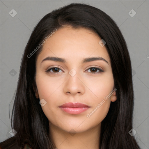 Neutral white young-adult female with long  black hair and brown eyes