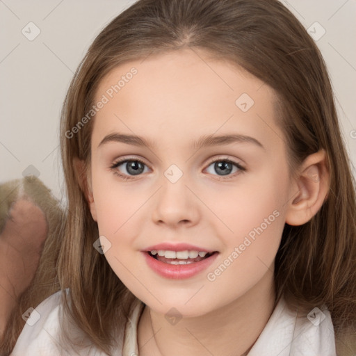 Joyful white child female with medium  brown hair and brown eyes