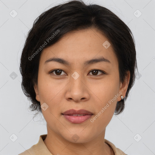 Joyful asian young-adult female with medium  brown hair and brown eyes