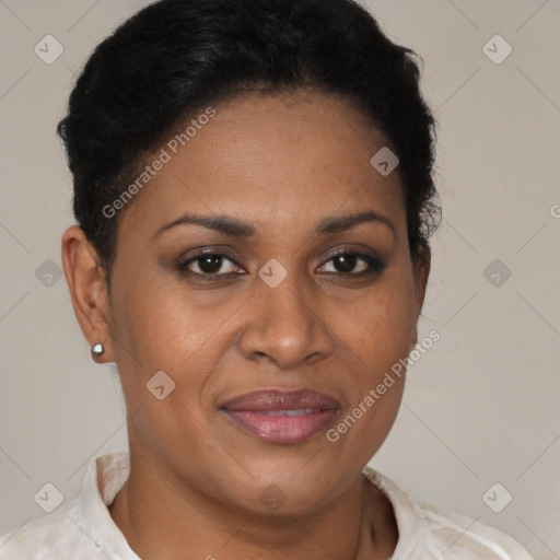 Joyful latino young-adult female with short  brown hair and brown eyes