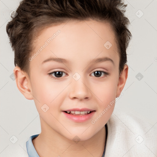 Joyful white child female with short  brown hair and brown eyes