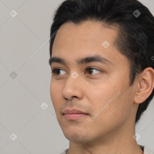 Neutral latino young-adult male with short  black hair and brown eyes