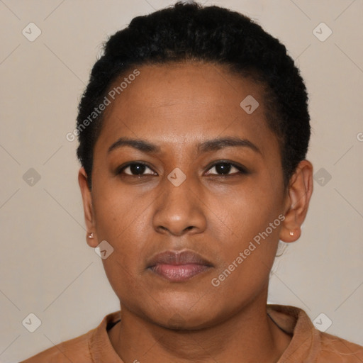 Neutral latino young-adult female with short  black hair and brown eyes