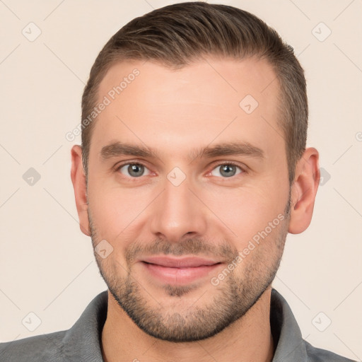 Joyful white young-adult male with short  brown hair and brown eyes