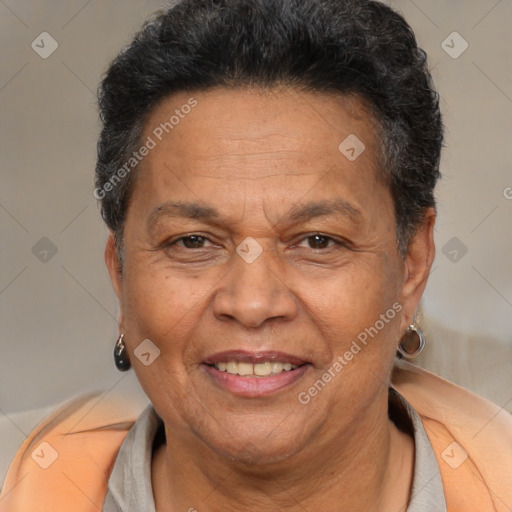 Joyful white adult female with short  brown hair and brown eyes