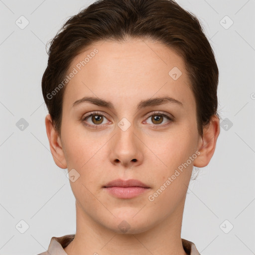 Neutral white young-adult female with short  brown hair and brown eyes