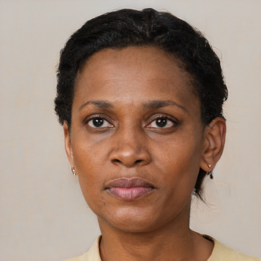 Neutral black adult female with short  black hair and brown eyes