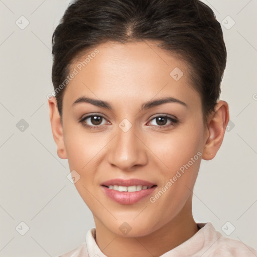 Joyful white young-adult female with short  brown hair and brown eyes