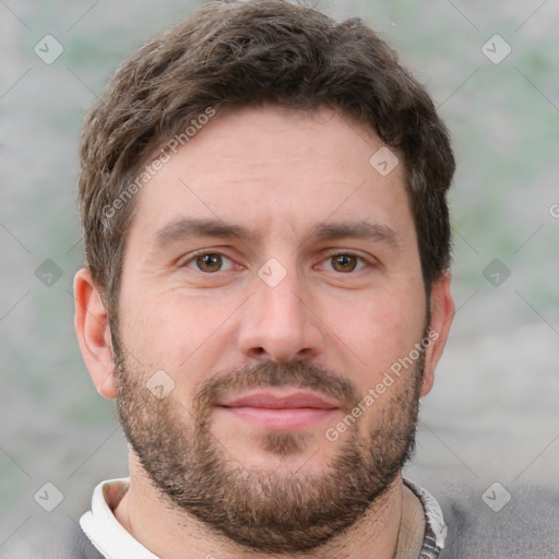 Neutral white young-adult male with short  brown hair and brown eyes