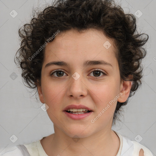 Joyful white child female with medium  brown hair and brown eyes