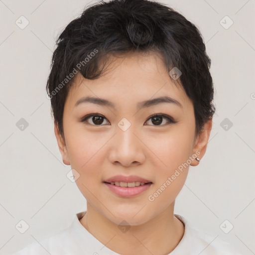 Joyful asian young-adult female with short  black hair and brown eyes