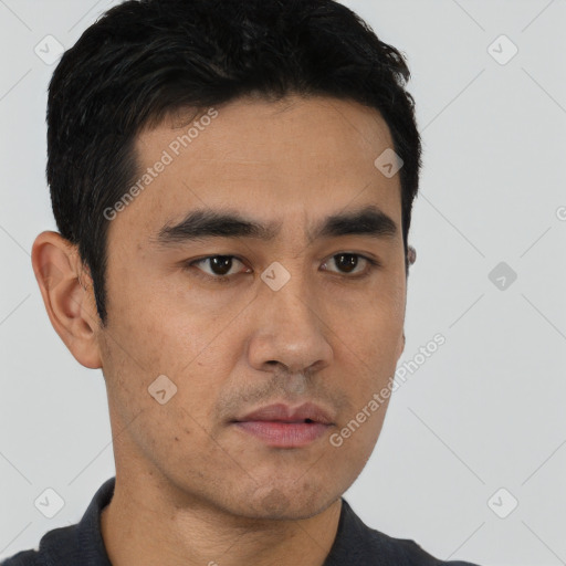 Neutral asian young-adult male with short  black hair and brown eyes