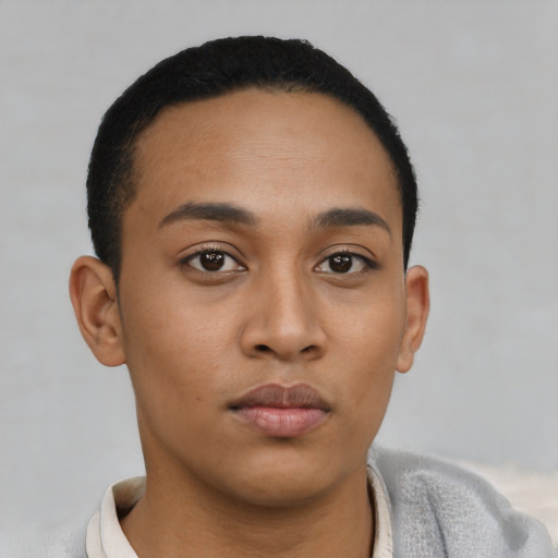 Neutral latino young-adult male with short  black hair and brown eyes