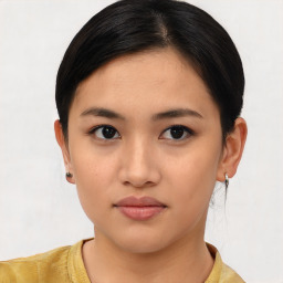 Neutral asian young-adult female with short  brown hair and brown eyes