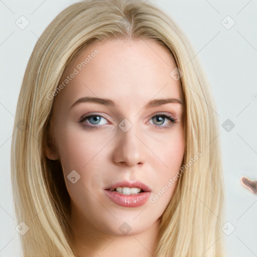 Neutral white young-adult female with long  brown hair and blue eyes