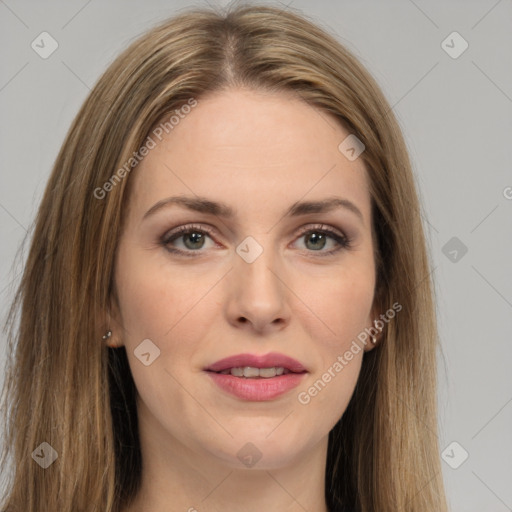 Joyful white young-adult female with long  brown hair and green eyes