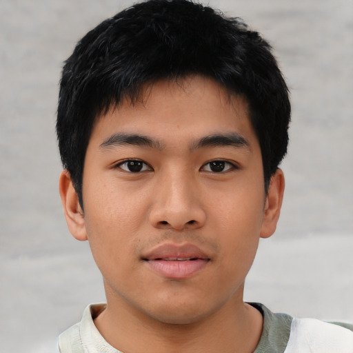 Neutral asian young-adult male with short  black hair and brown eyes