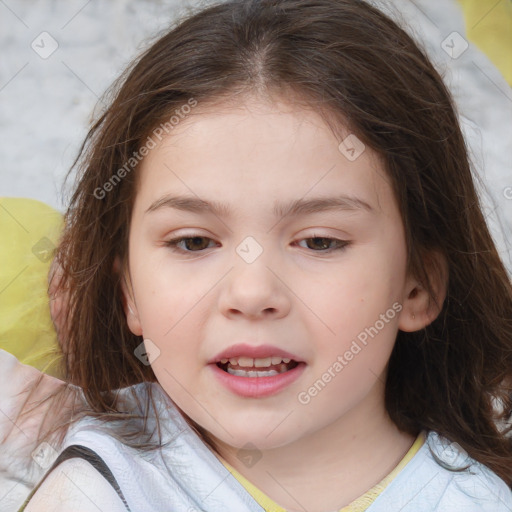 Joyful white child female with medium  brown hair and brown eyes