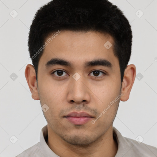 Neutral latino young-adult male with short  black hair and brown eyes