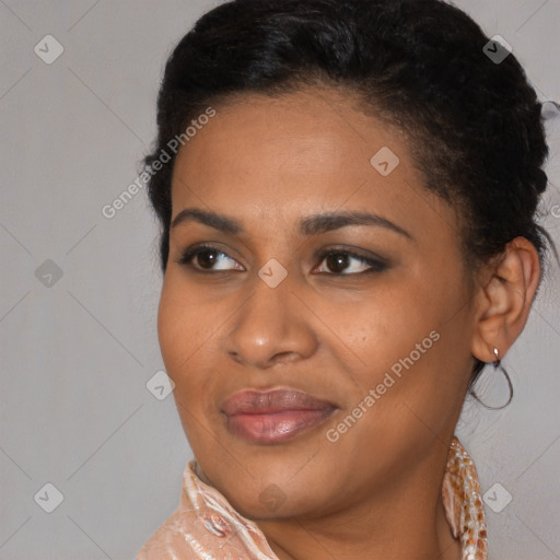 Joyful latino young-adult female with short  brown hair and brown eyes