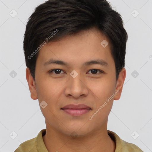 Joyful asian young-adult male with short  brown hair and brown eyes