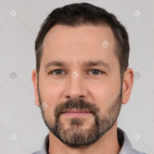 Neutral white adult male with short  brown hair and brown eyes