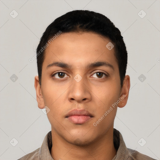 Neutral latino young-adult male with short  black hair and brown eyes