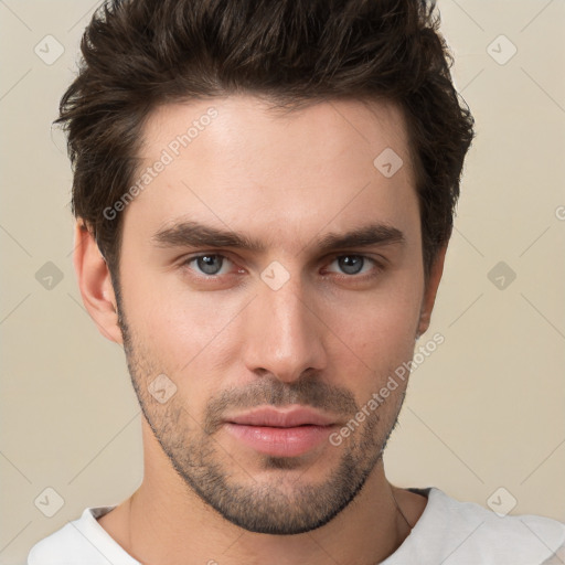 Neutral white young-adult male with short  brown hair and brown eyes