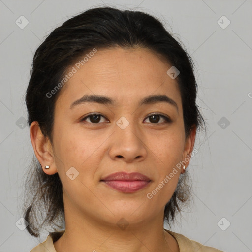 Joyful asian young-adult female with medium  brown hair and brown eyes