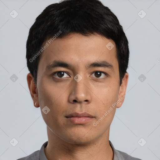 Neutral asian young-adult male with short  black hair and brown eyes