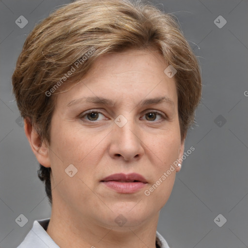 Joyful white adult female with short  brown hair and grey eyes