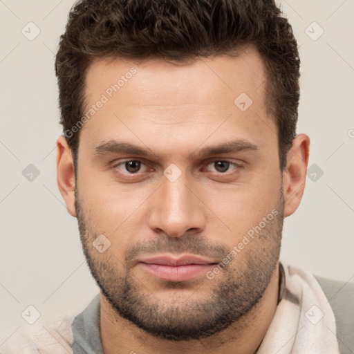 Neutral white young-adult male with short  brown hair and brown eyes