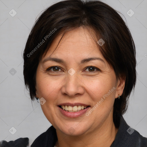 Joyful white adult female with medium  brown hair and brown eyes