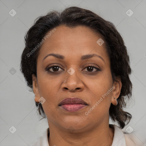 Joyful black adult female with medium  brown hair and brown eyes