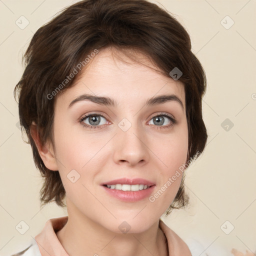 Joyful white young-adult female with medium  brown hair and green eyes