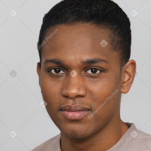 Neutral black young-adult male with short  black hair and brown eyes