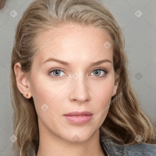 Neutral white young-adult female with medium  brown hair and grey eyes