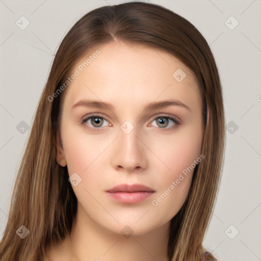 Neutral white young-adult female with long  brown hair and brown eyes